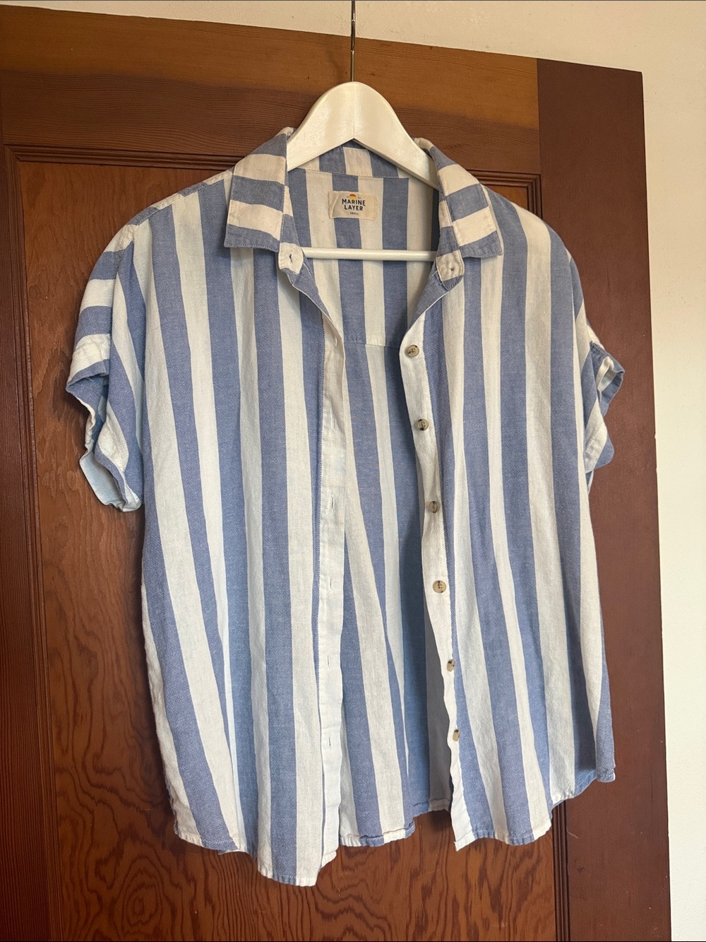 Marine Layer Light Blue & White Vertical Stripe Short-Sleeve Button-Up